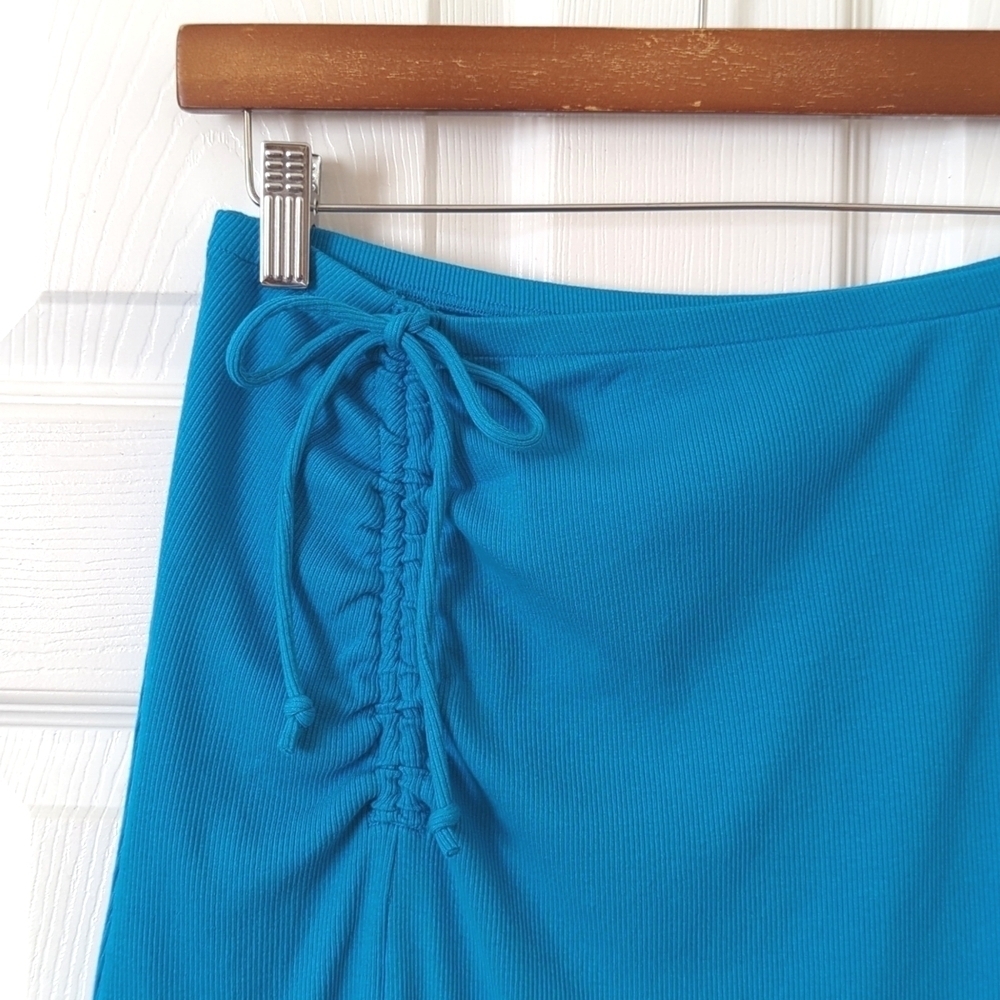 Aerie Beachwalk Ribbed Knit High Waisted Ruched Side Slit Midi Skirt Blue Small - Picture 3 of 11